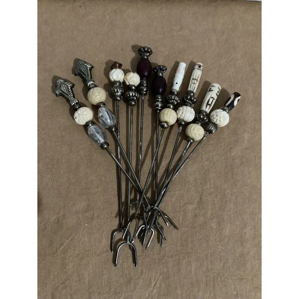 Vtg MCM 2-tine Sword Hors D'oeuvre Appetizer Cocktail Forks Picks Set Of 10